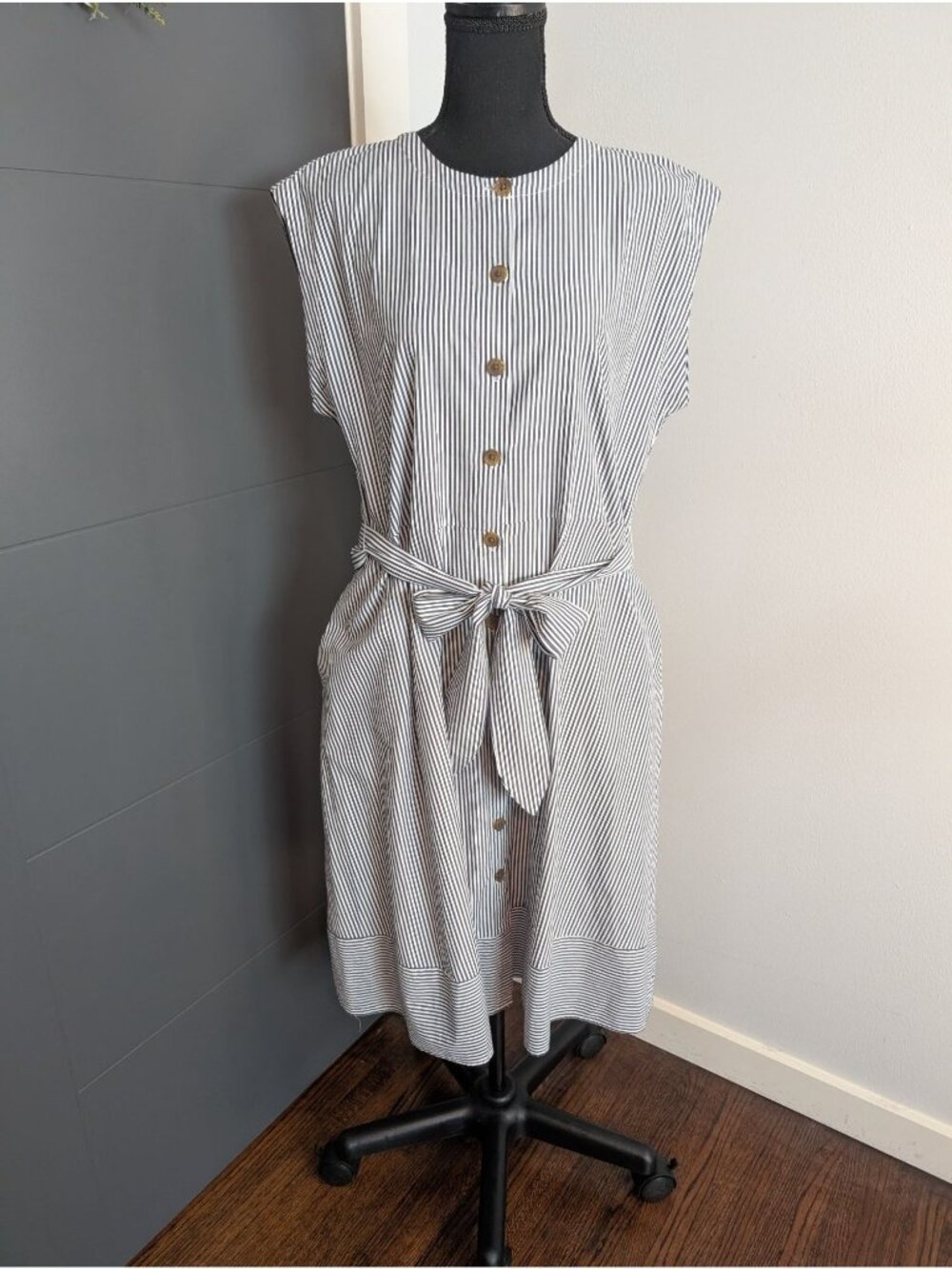 POPSUGAR Blue and White Striped Belted Button-Down Dress - L